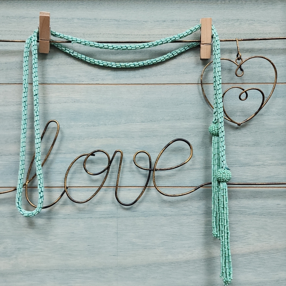Vintage Turquoise Colored Seed Bead Lariat Tassel Statement Necklace